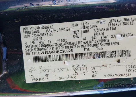 2017 Ford F-150 Xlt z USA, uszkodzony, nr VIN 1FTEW1EGXHKC20925